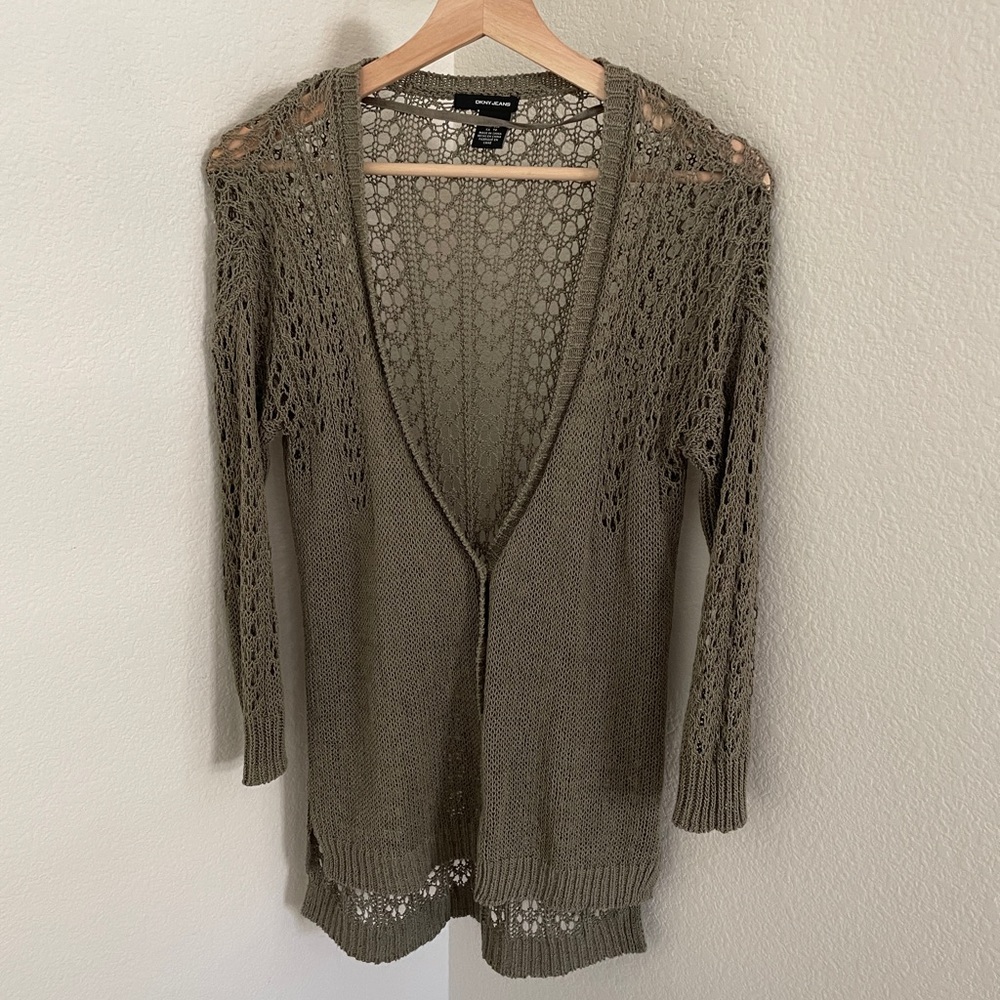DKNY Jeans Women’s Green V-Neck Long Sleeve Open Knit Mid-Length Cardigan boho